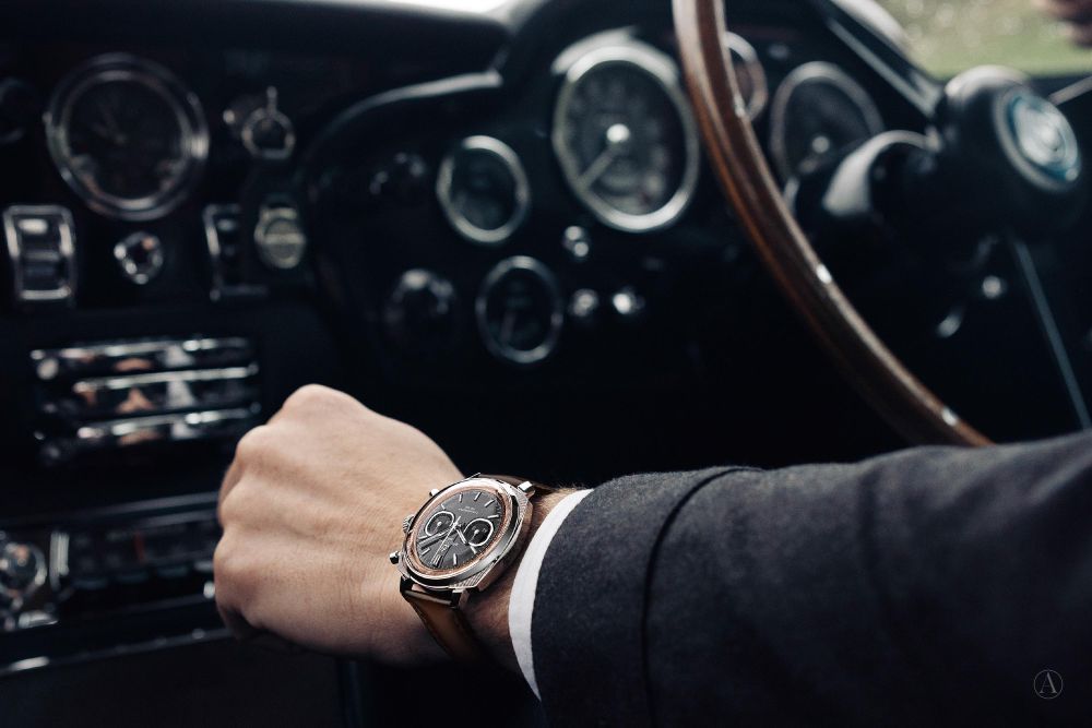 The Steel & Platinum model on the wrist inside a DB5.